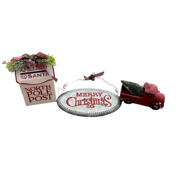 Red truck 3 pc set for tiered tray w/ Christmas sign,& letters to Santa-NWT - Picture 4 of 4